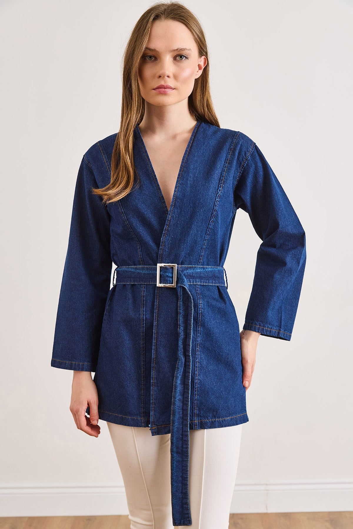 Kuşaklı Mevsimlik Denim Ceket Koyu Mavi