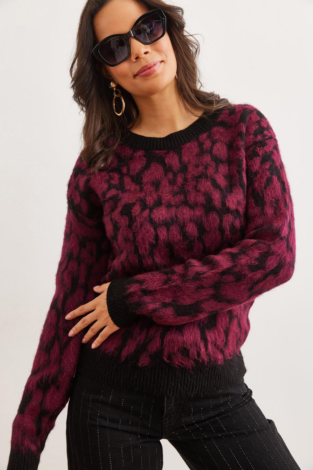 Leopar Desenli Şardonlu Triko Kazak Bordo