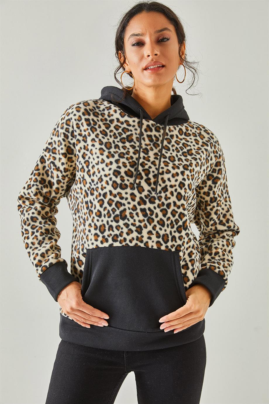 Leopar Kapşonlu Polar Sweatshirt Ekru Leopar