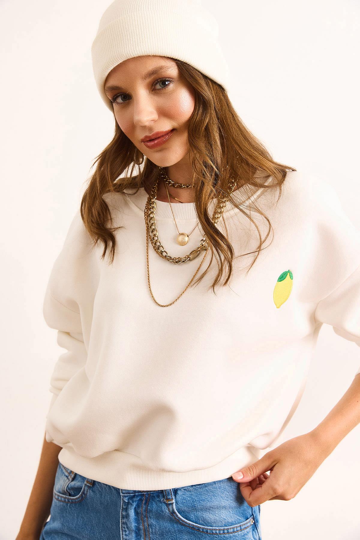Limon Nakışlı İçi Polarlı Crop Kalın Sweatshirt Ekru