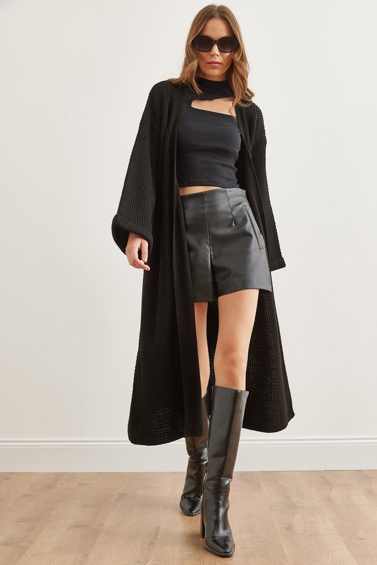 Manşeti Katlamalı Maxi Triko Hırka Siyah