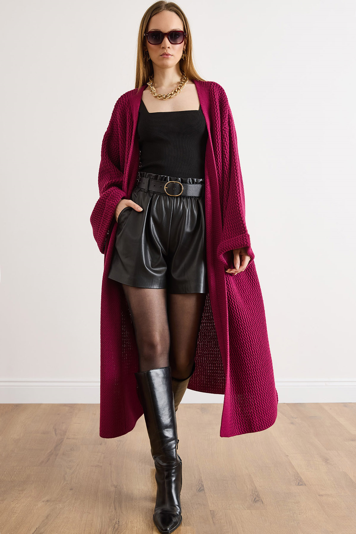 Manşeti Katlamalı Maxi Triko Hırka Vişne Çürüğü