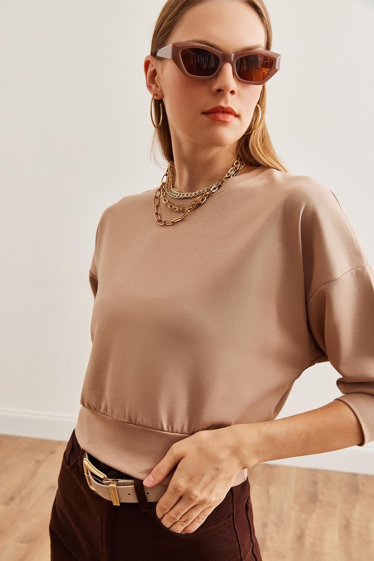 Modal Tuşeli Crop Sweatshirt Bej