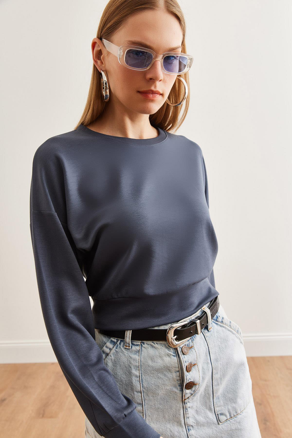 Modal Tuşeli Crop Sweatshirt Füme