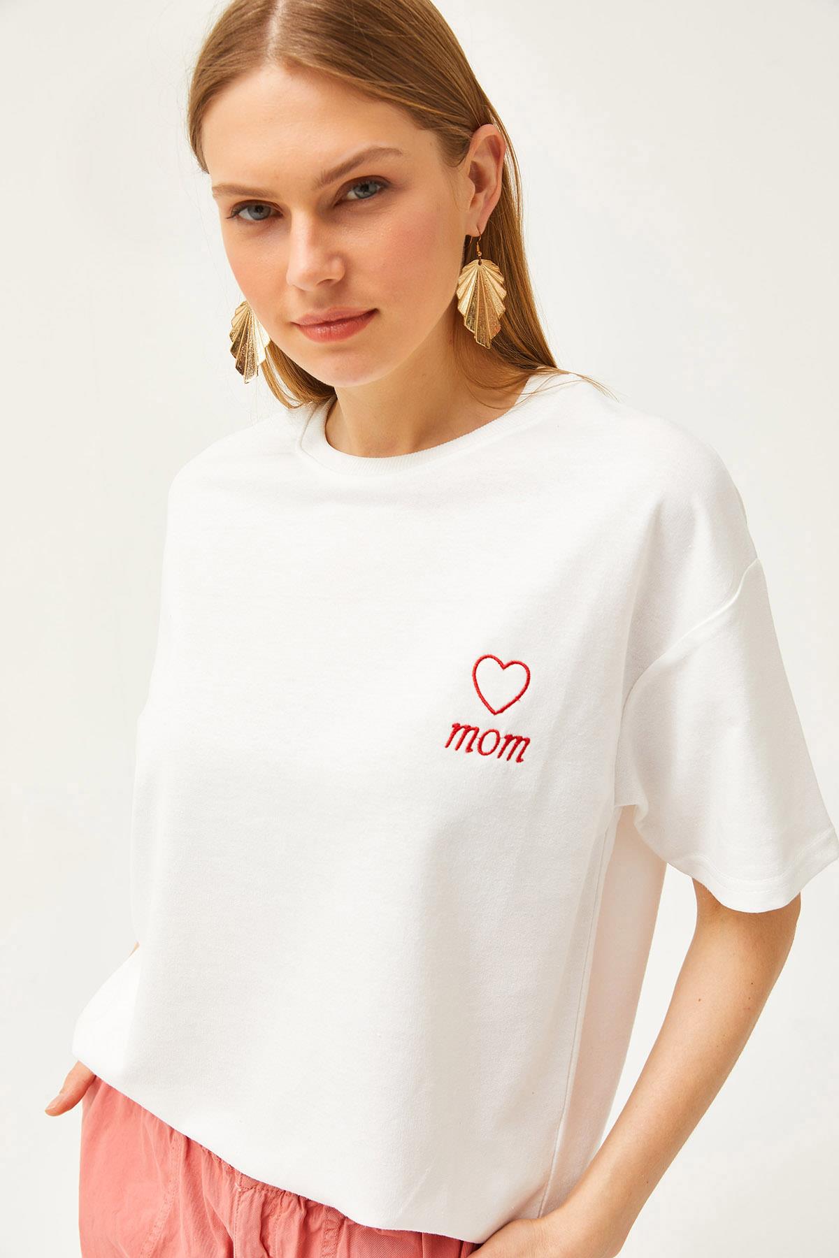 Mom Nakışlı 2 İplik Oversize Tişört Ekru