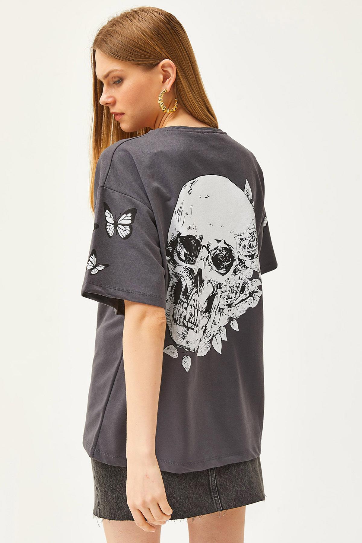 Ön Arka Baskılı 2 iplik Unisex Oversize Tişört Kelebek Füme