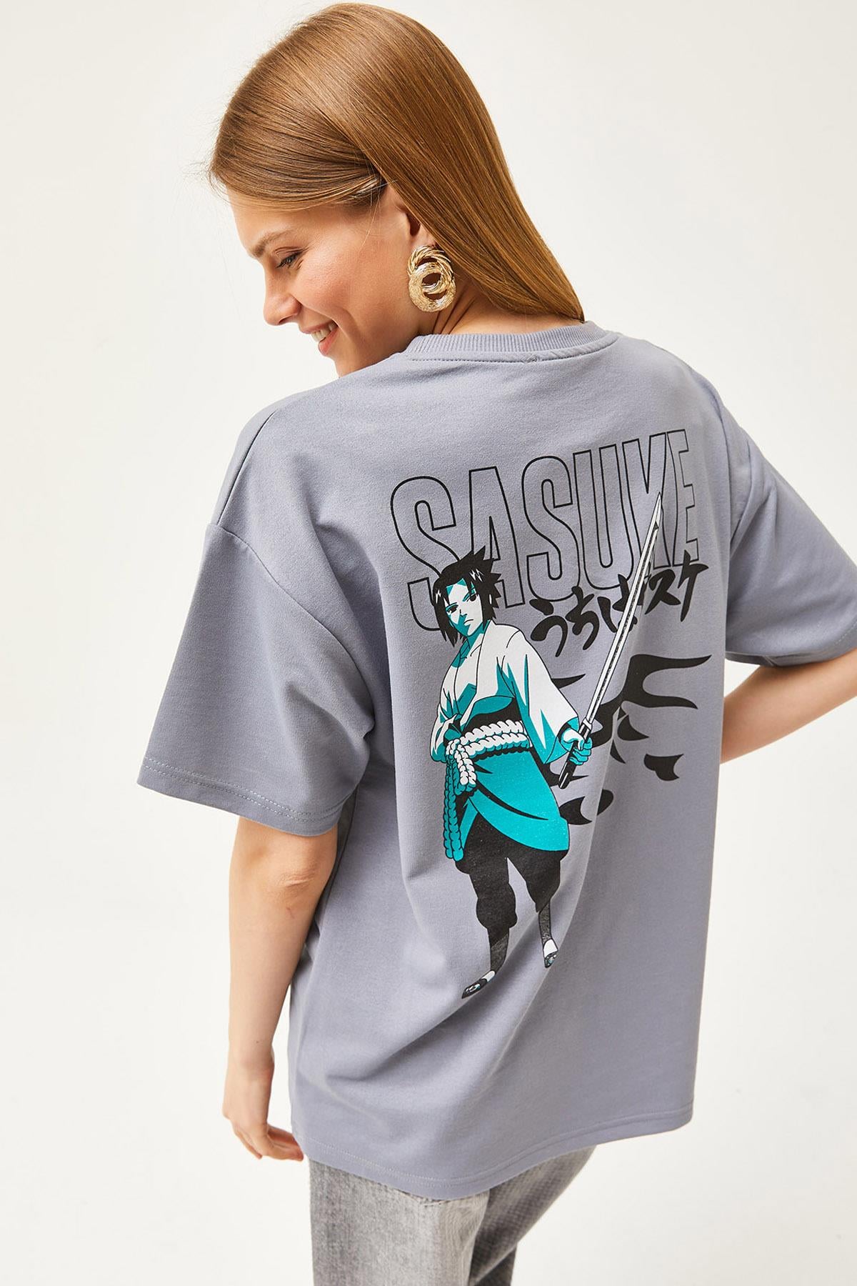 Ön Arka Baskılı 2 iplik Unisex Oversize Tişört Japon Gri