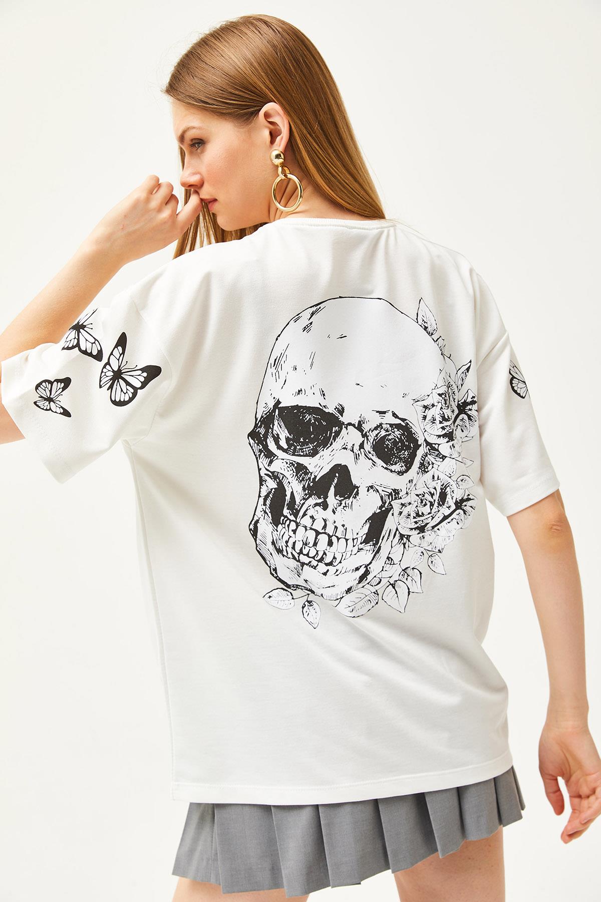 Ön Arka Baskılı 2 iplik Unisex Oversize Tişört Kelebek Beyaz
