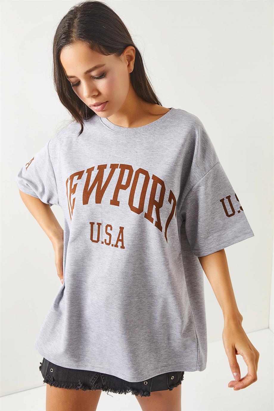 Ön Arka Baskılı 2 iplik Unisex Oversize Tişört Newport Gri