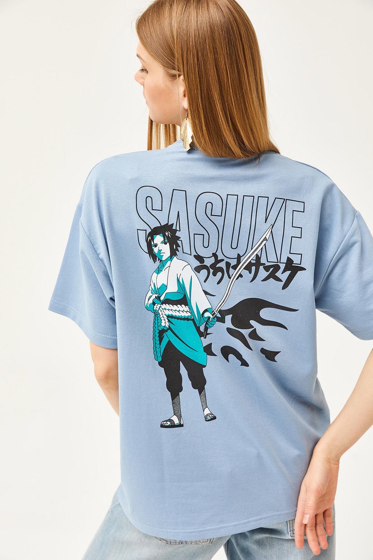 Ön Arka Baskılı 2 iplik Unisex Oversize Tişört Japon Mavi