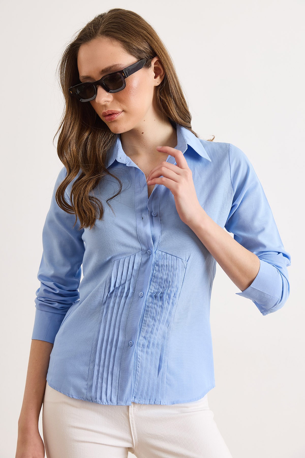 Önü Pensli Slim Fit Dokuma Gömlek Bebe Mavi