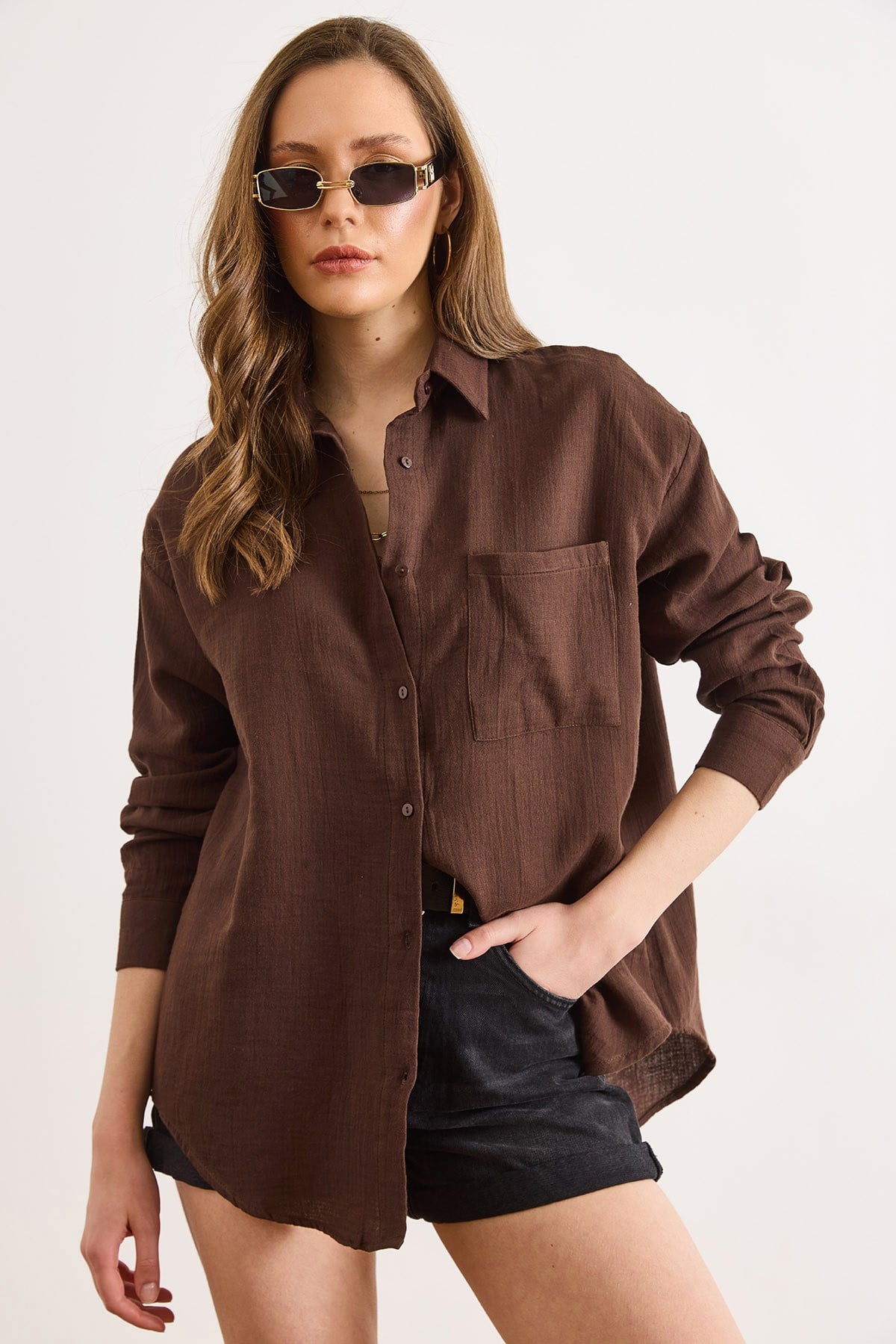 Oversize Basic Müslin Gömlek Acı Kahve