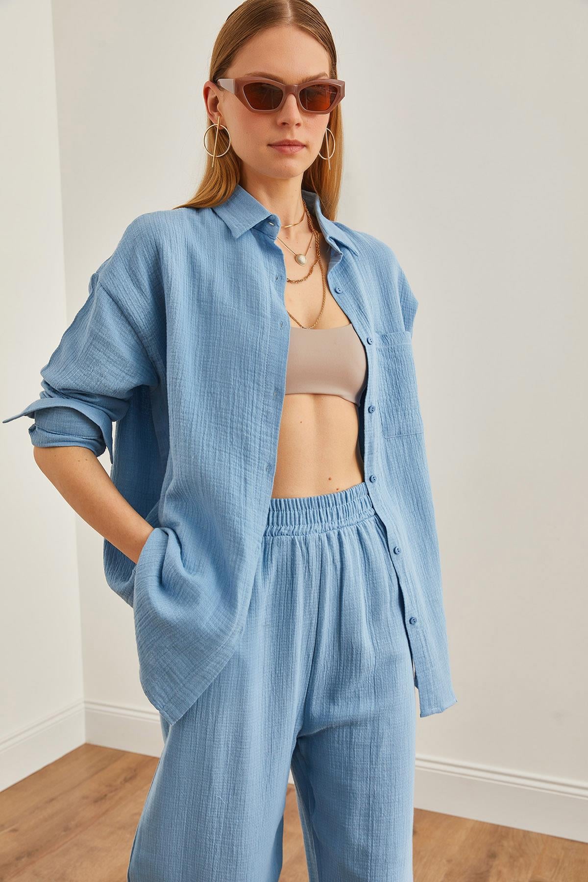 Oversize Basic Müslin Gömlek Bebe Mavi