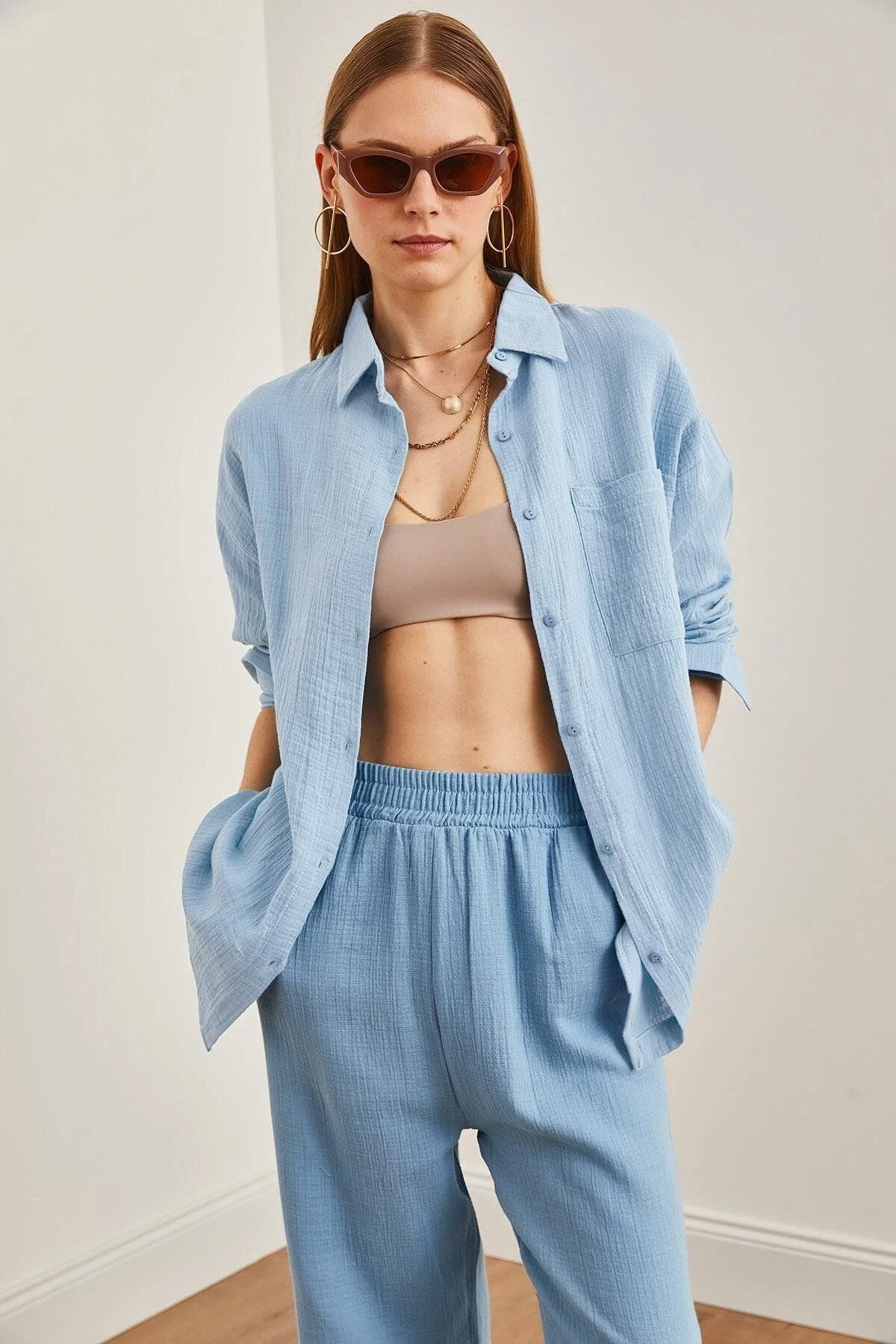 Oversize Basic Müslin Gömlek Bebe Mavi