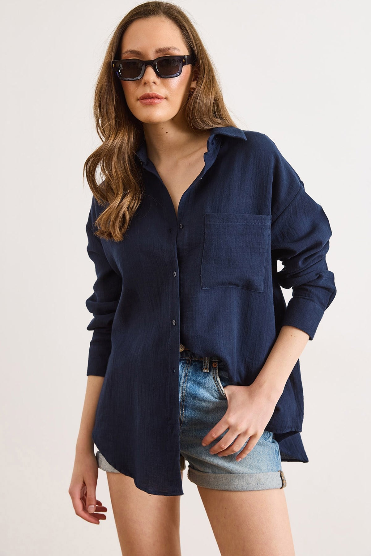 Oversize Basic Müslin Gömlek Lacivert