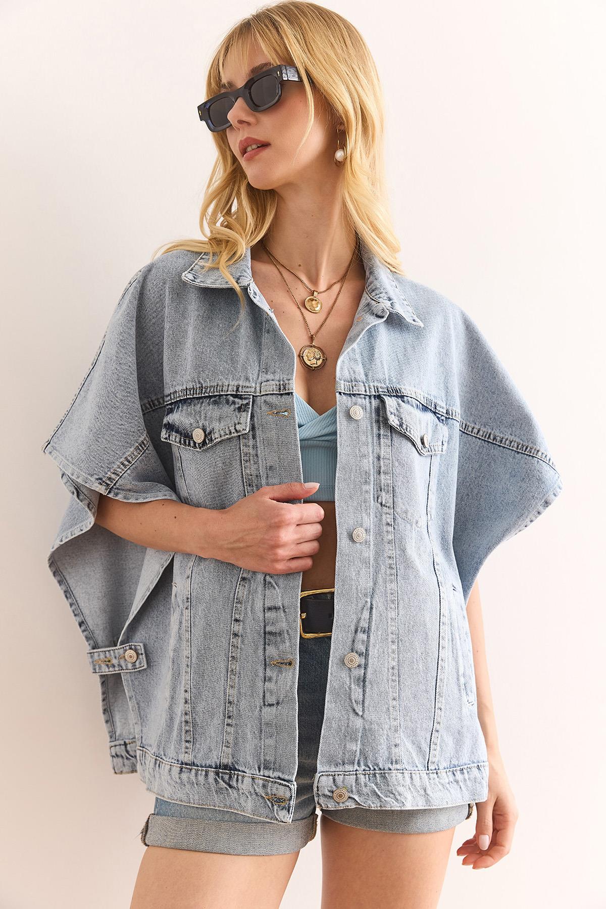 Oversize Yarasa Cepli Denim Yelek Mavi