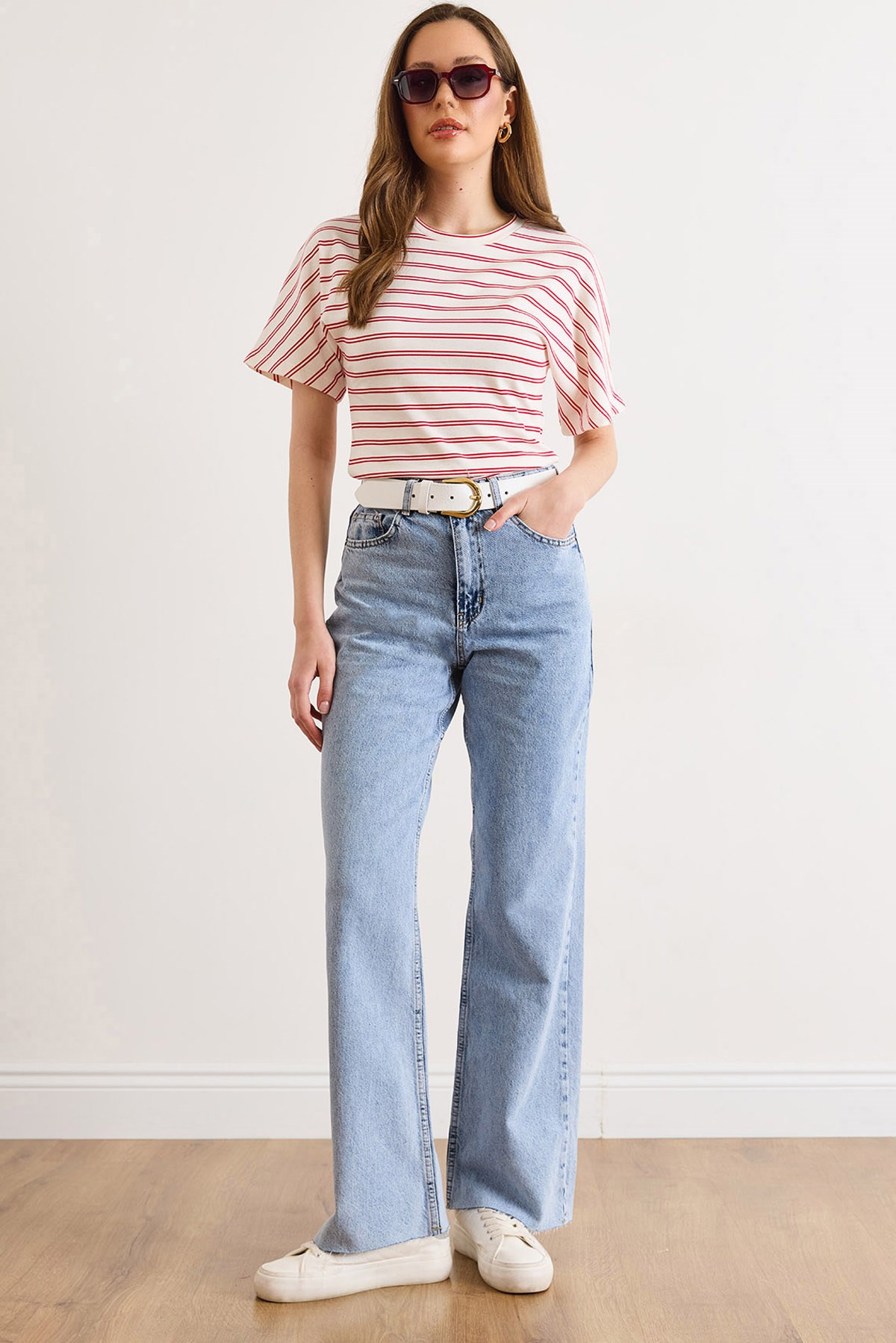 Paçası Pis Dikiş Wide Leg Denim Jeans Açık Mavi