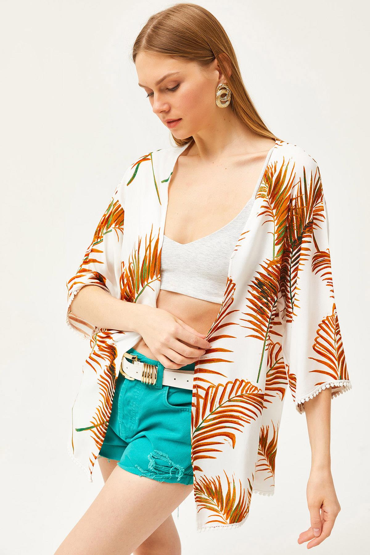 Palmiye Güpür Detaylı Viskon Kimono Taba