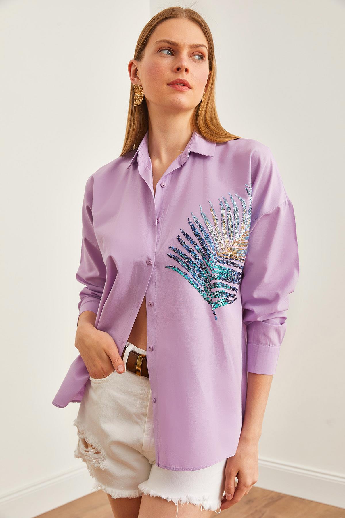 Palmiye Pul Detaylı Oversize Dokuma Poplin Gömlek Lila