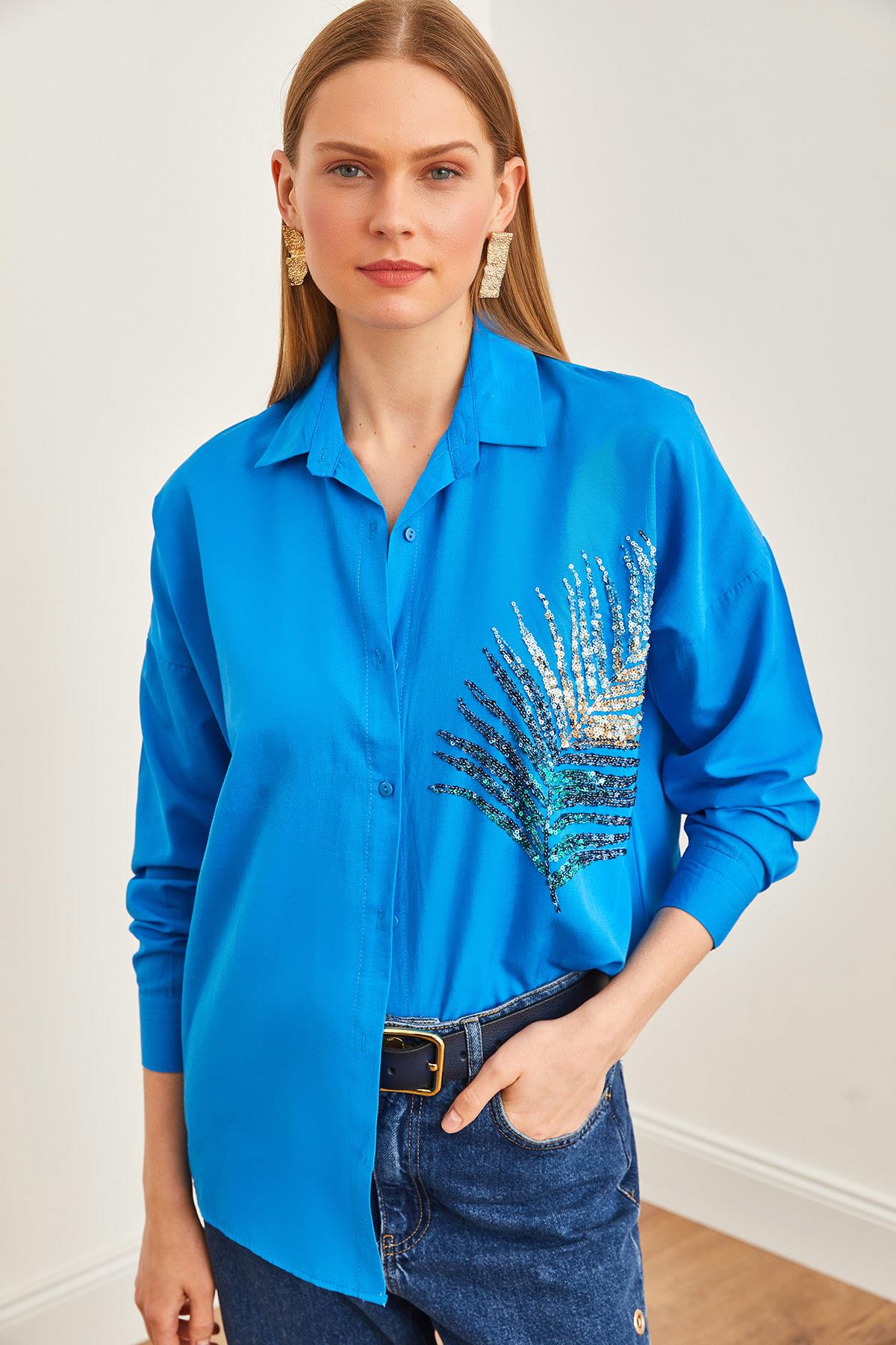 Palmiye Pul Detaylı Oversize Dokuma Poplin Gömlek Gök Mavi