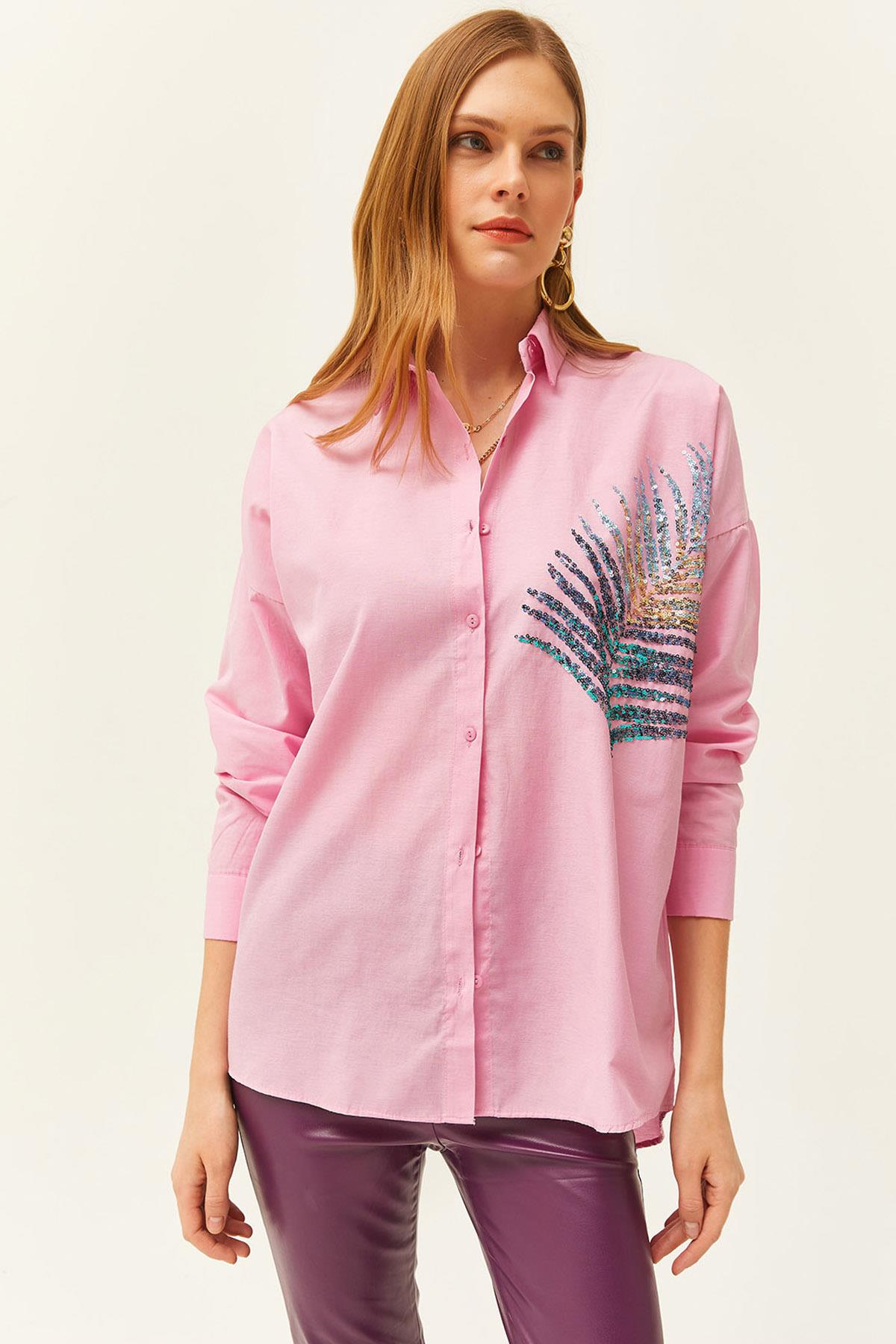 Palmiye Pul Detaylı Oversize Dokuma Poplin Gömlek Şeker Pembe