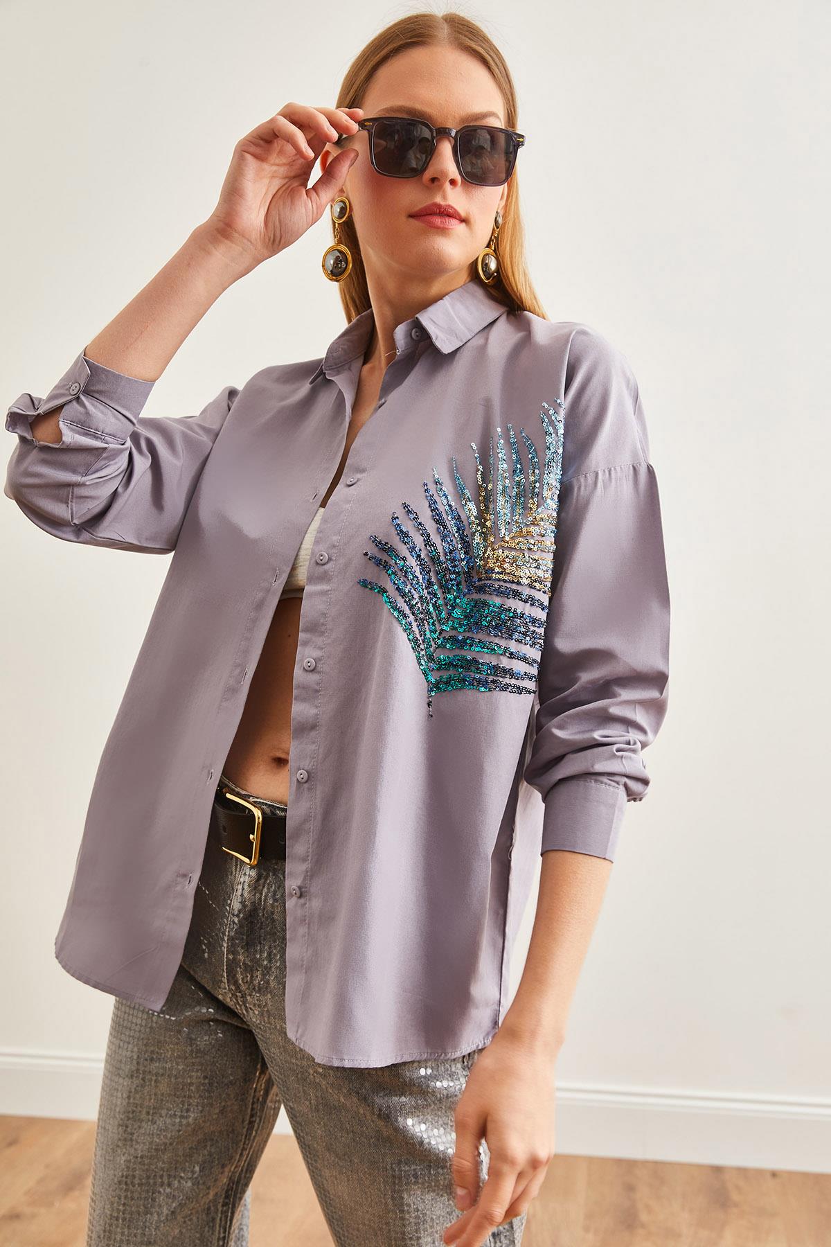 Palmiye Pul Detaylı Oversize Dokuma Poplin Gömlek Gri