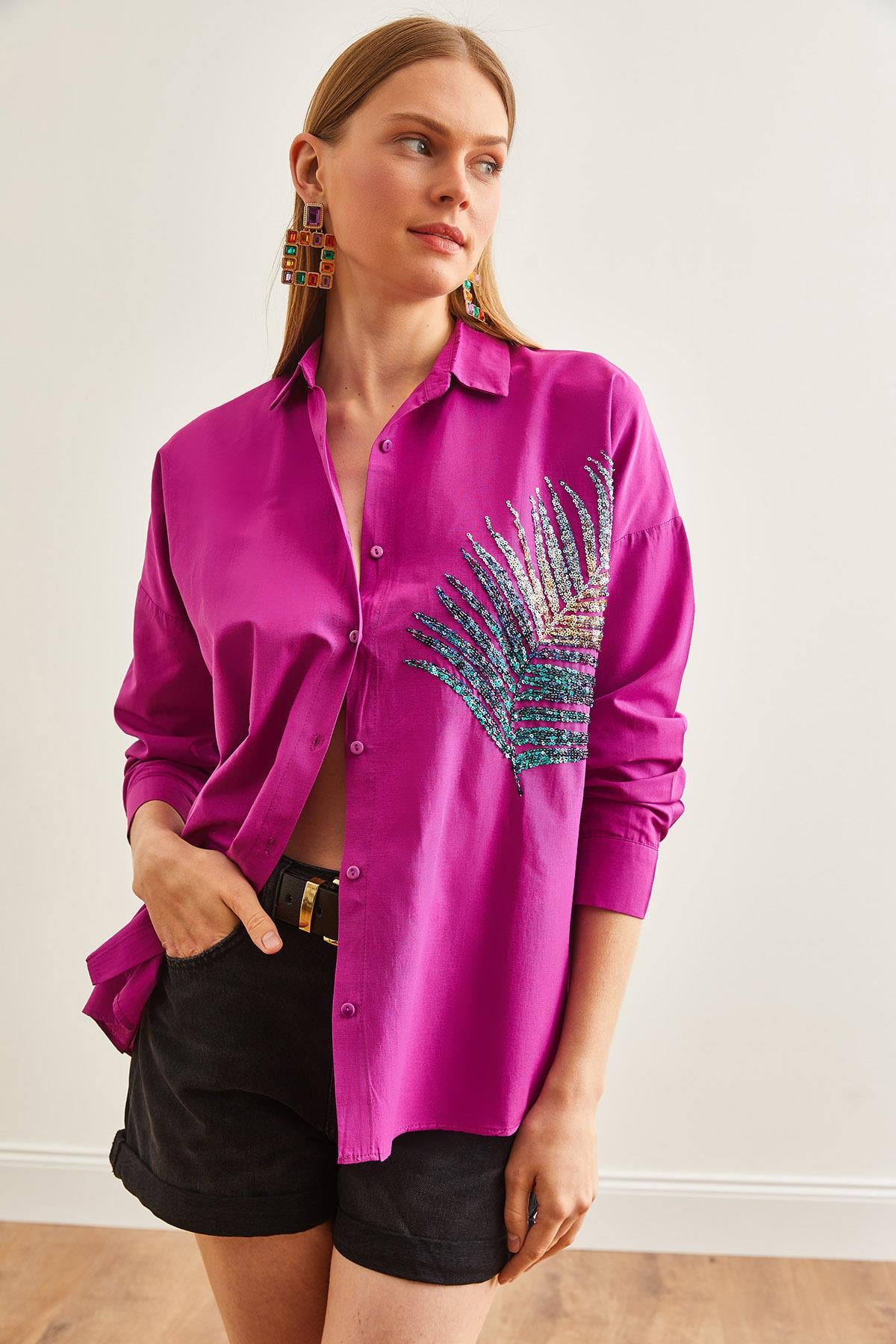 Palmiye Pul Detaylı Oversize Dokuma Poplin Gömlek Menekşe