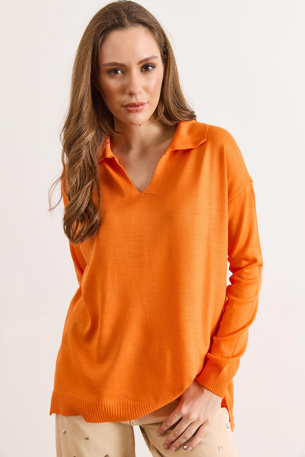Polo Yaka Basic Triko Kazak Turuncu