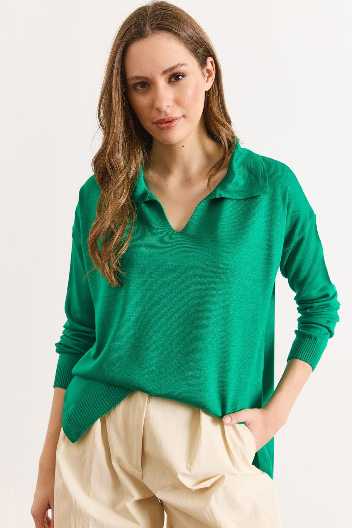 Polo Yaka Basic Triko Kazak Yeşil