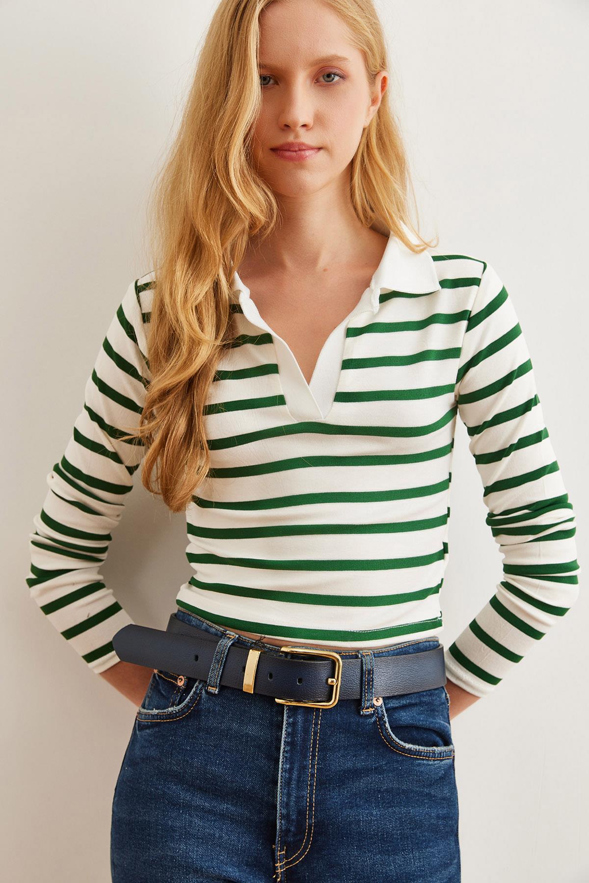 Polo Yaka Çizgili Soft Touch Esnek Crop Bluz Yeşil