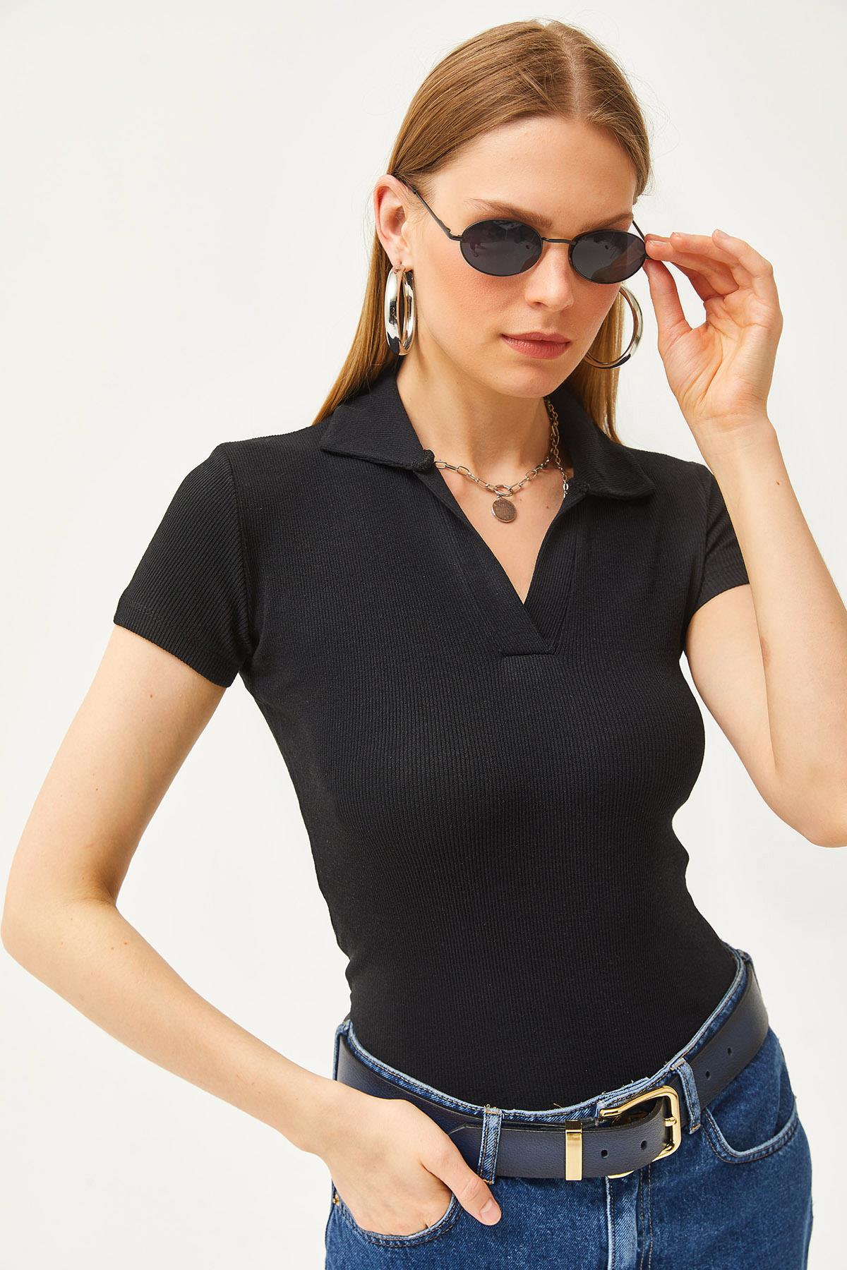 Polo Yaka Örme Bluz Siyah