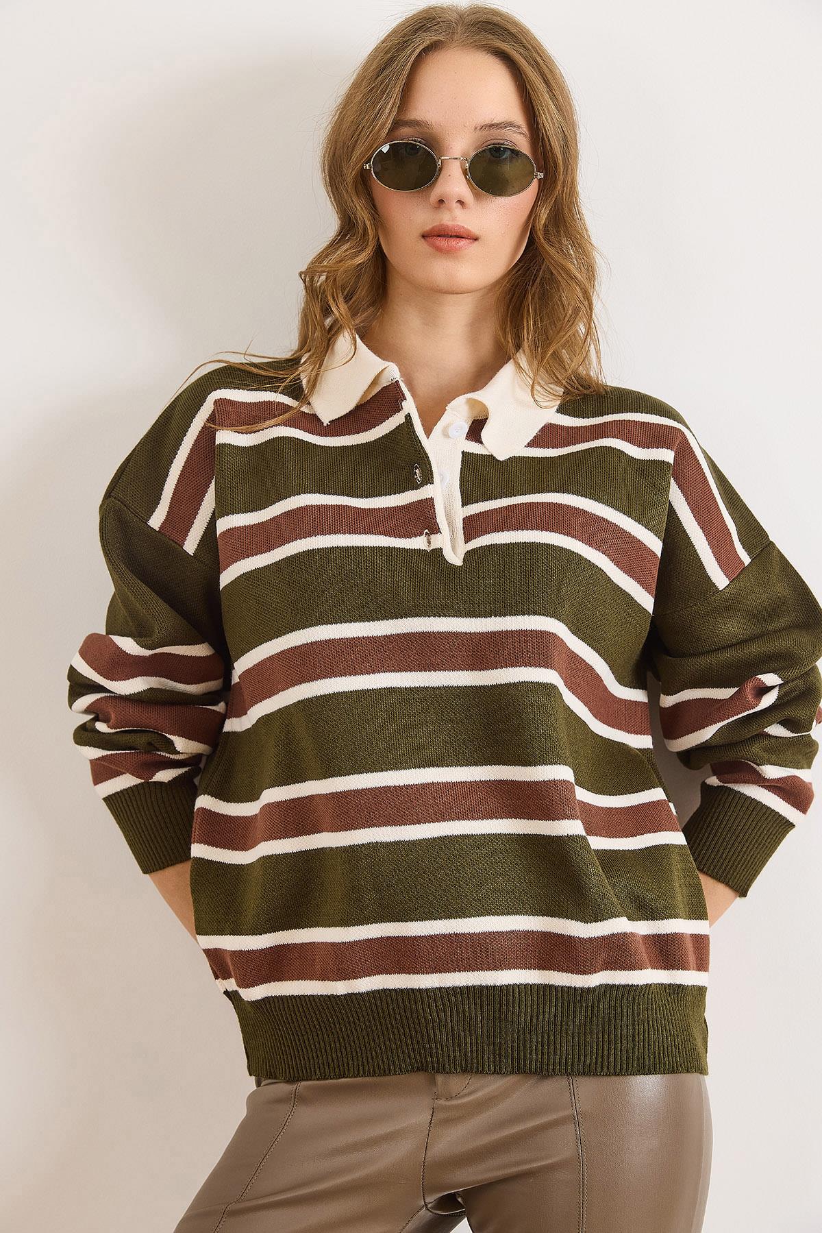 Polo Yaka Oversize Triko Kazak Haki Kahve