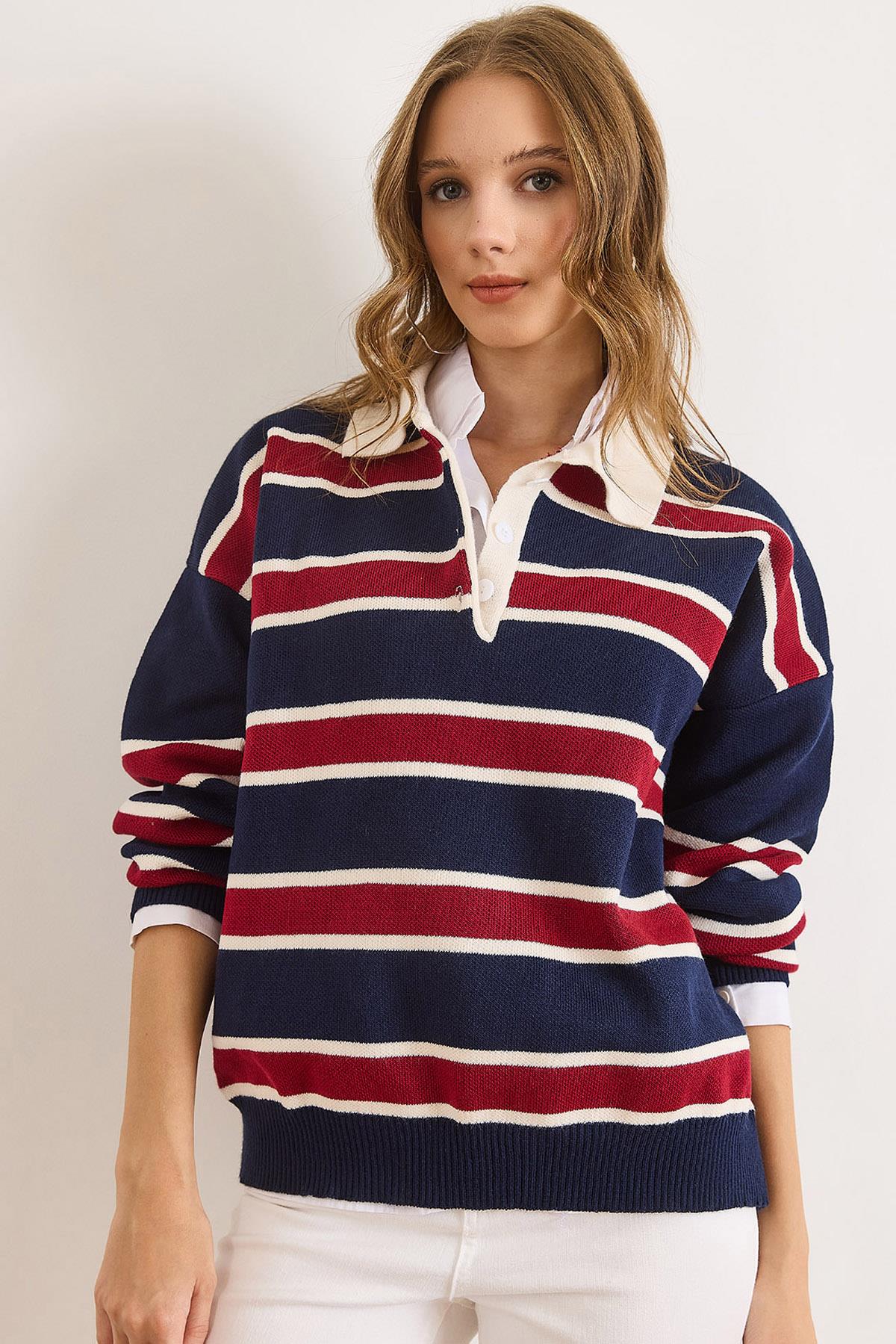 Polo Yaka Oversize Triko Kazak Lacivert Bordo