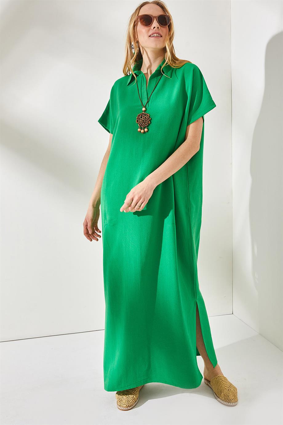 Polo Yaka Yırtmaçlı Oversize Keten Karışımlı Elbise Çimen Yeşili