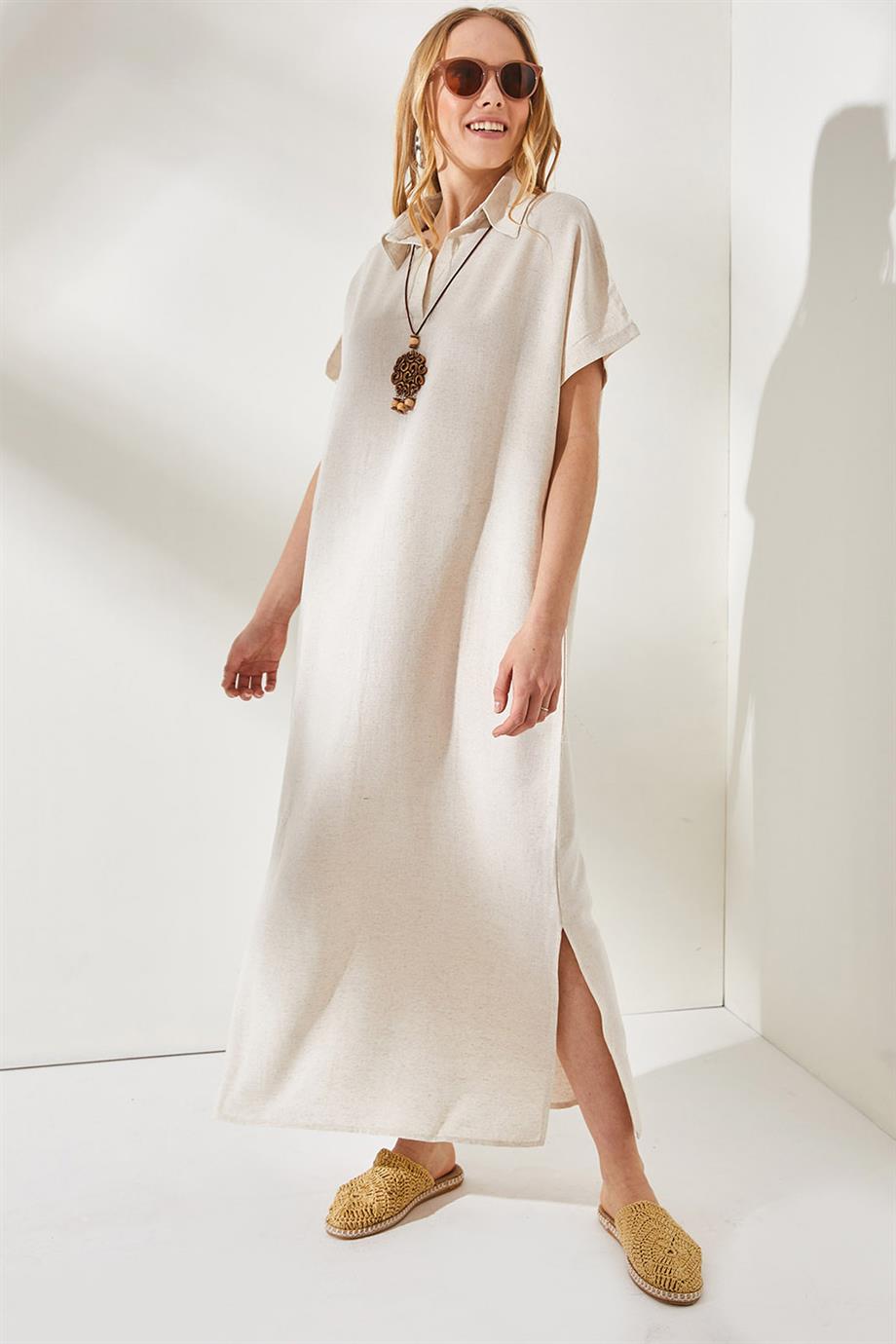 Polo Yaka Yırtmaçlı Oversize Keten Karışımlı Elbise Taş