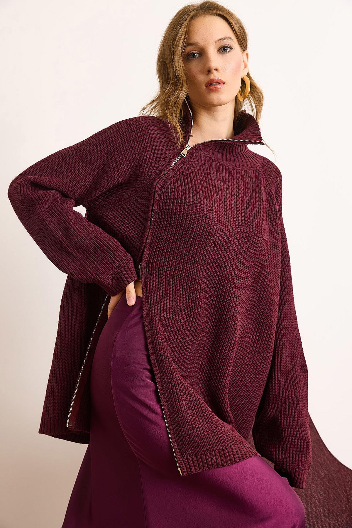 Premium Çift Taraflı Fermuar Detaylı Pamuk Oversize Kazak Bordo
