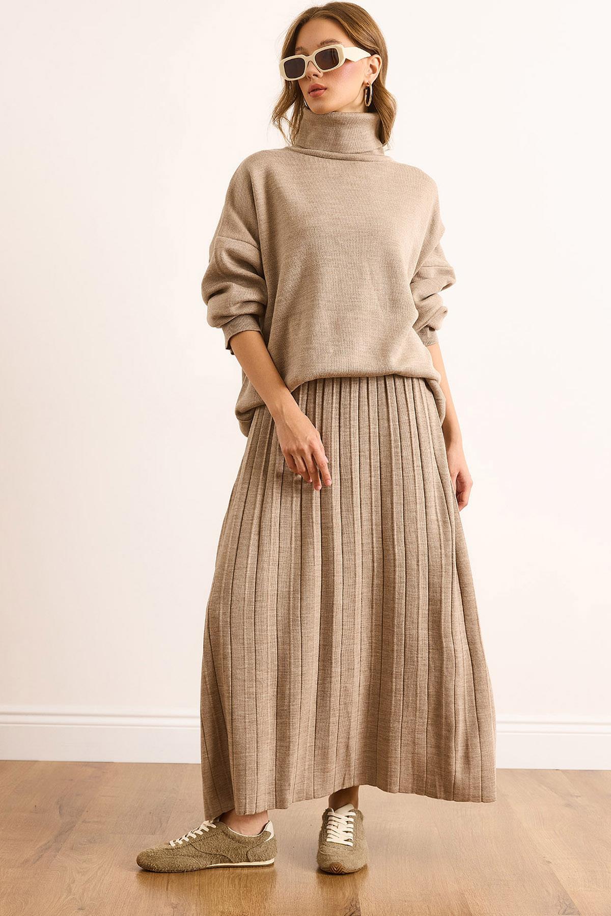 Premium Maxi Pilise Etek Oversize Kazak Takım Vizon