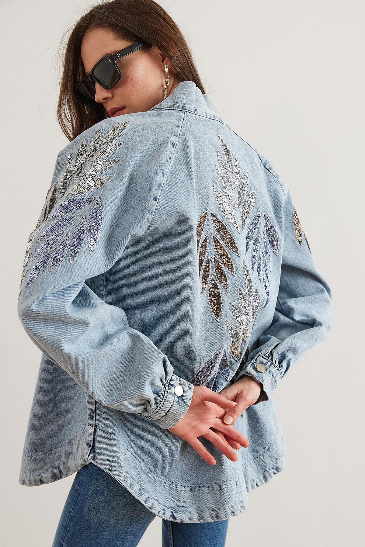 Pul Payet Nakış Detaylı Denim Ceket Damla Pul Mavi