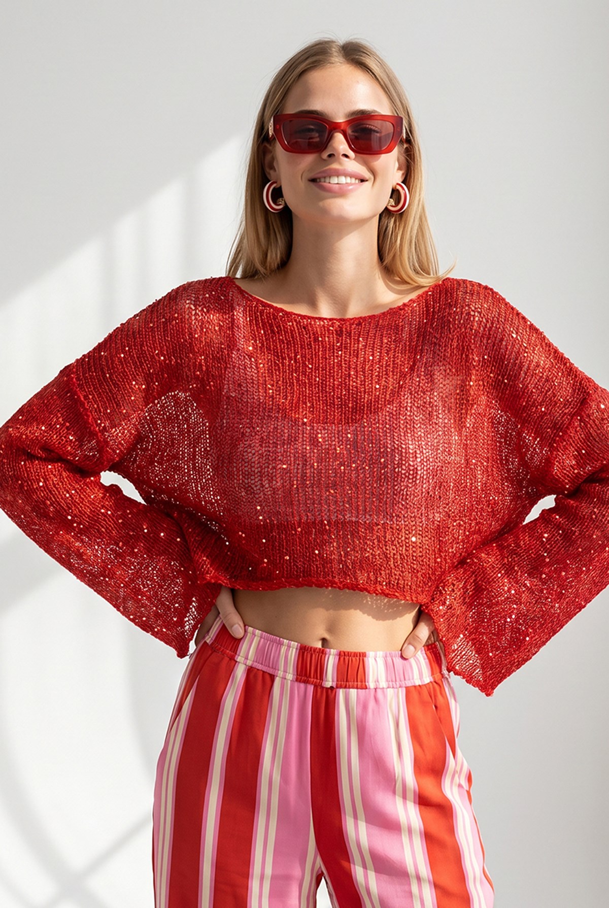 Pullu Ajurlu Crop Triko Bluz Kırmızı