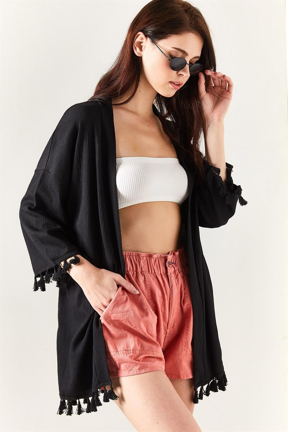 Püsküllü Dokuma Salaş Kimono Siyah