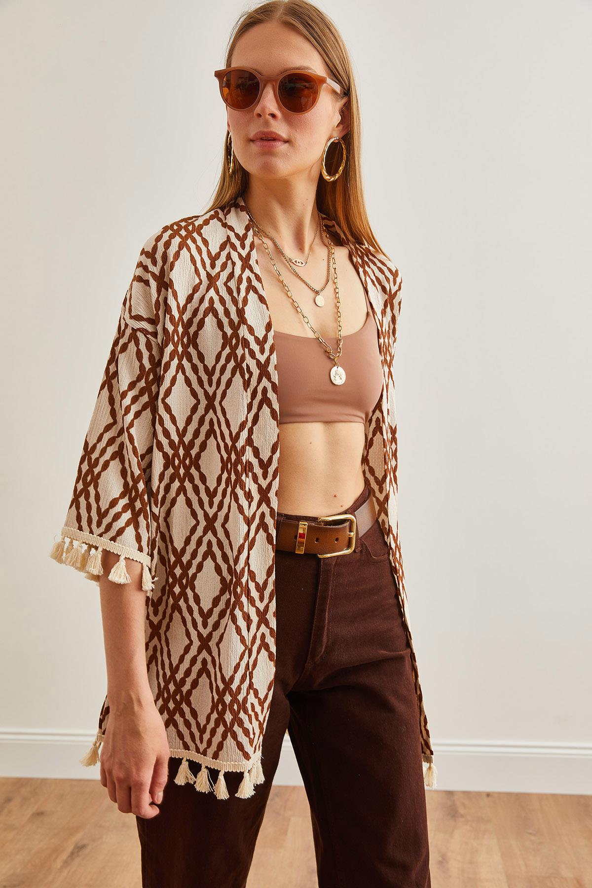 Püsküllü Salaş Örme Kimono Baklava Taba