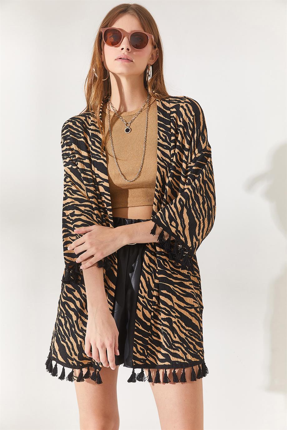 Püsküllü Salaş Örme Kimono Camel Zebra