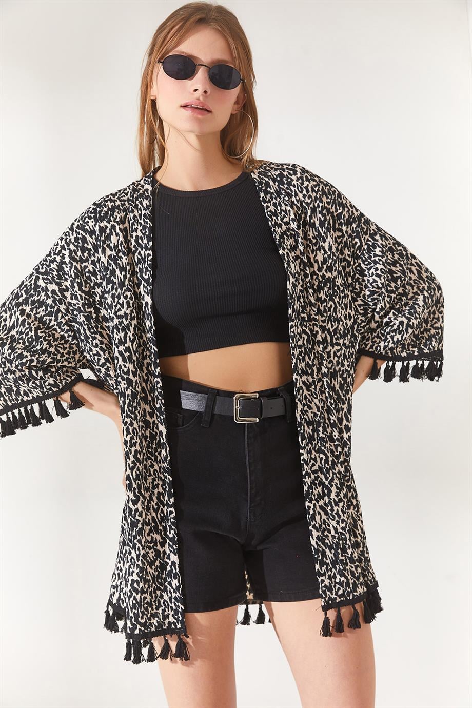 Püsküllü Salaş Örme Kimono Leopar Bej