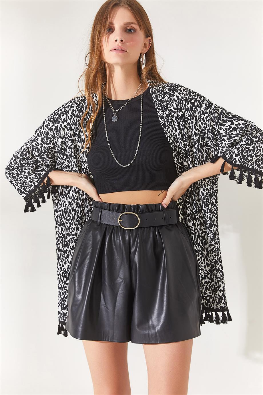 Püsküllü Salaş Örme Kimono Leopar Siyah