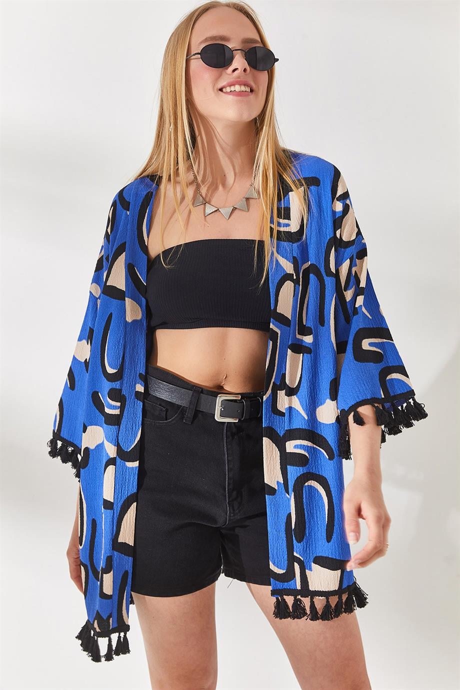 Püsküllü Salaş Örme Kimono Saks Mavi Beyaz