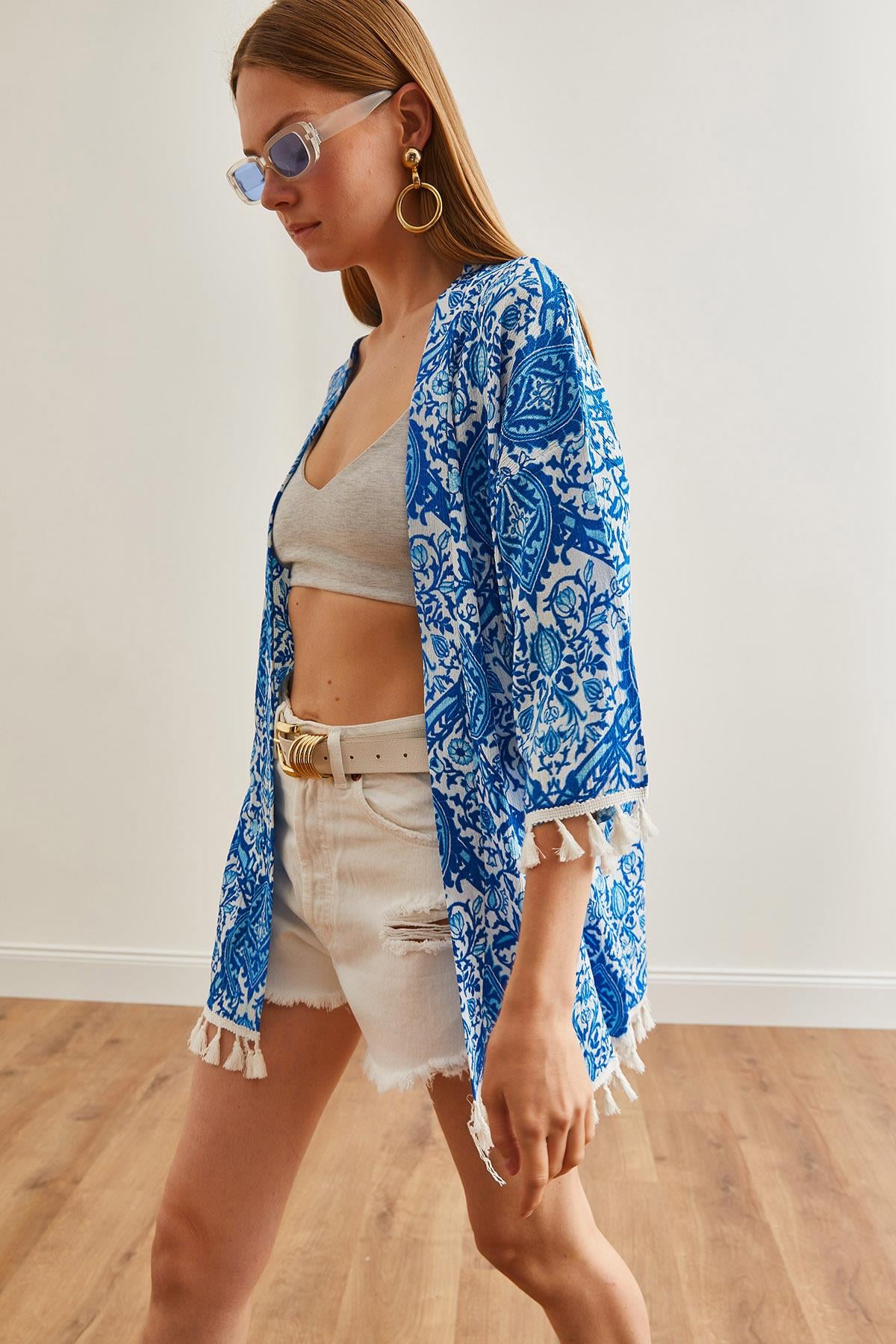 Püsküllü Salaş Örme Kimono Şal Mavi