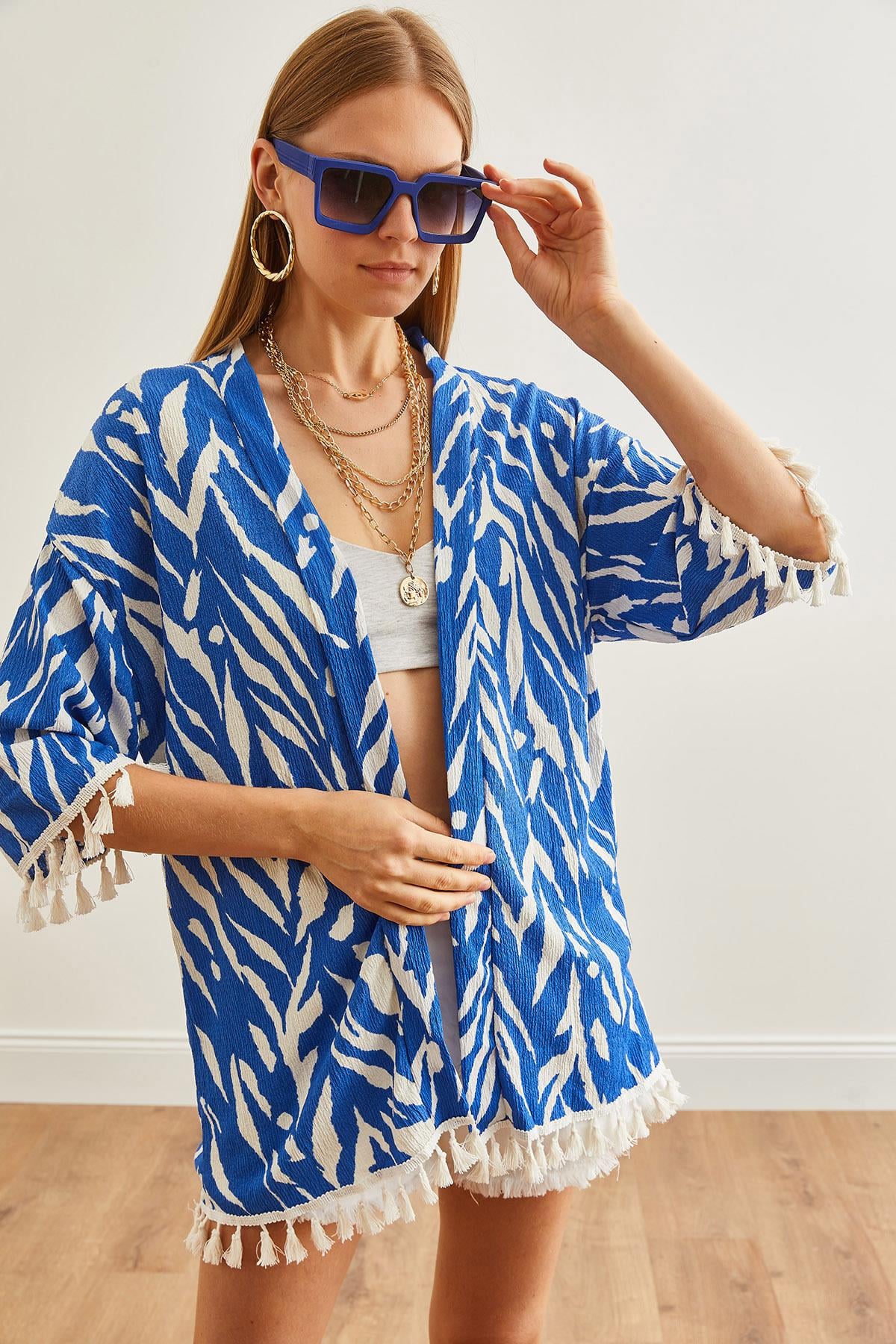 Püsküllü Salaş Örme Kimono Zebra Mavi