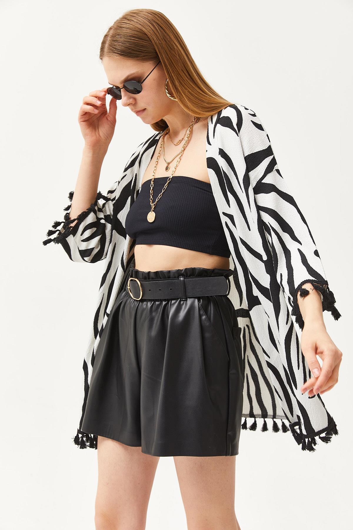 Püsküllü Salaş Örme Kimono Zebra Siyah