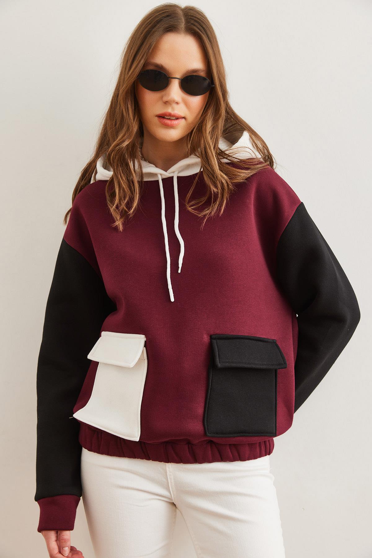 Renk Bloklu İçi Polarlı Sweatshirt Bordo