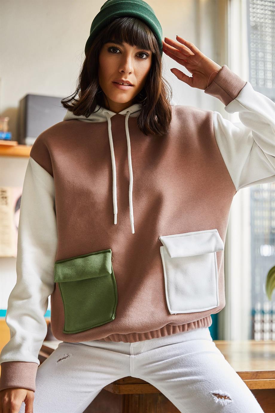 Renk Bloklu İçi Polarlı Sweatshirt Kahverengi Ekru